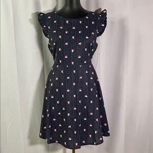 SM Wardrobe Navy Blue Owl Print Ruffle Sleeve Tie Waist A-Line Dress
